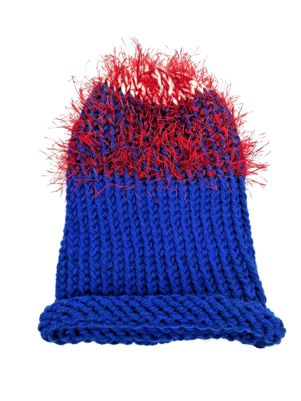 Hand Knit Beanie Sock Hat Chunky Fuzzy Blue Red White Top America Patriotic NWOT